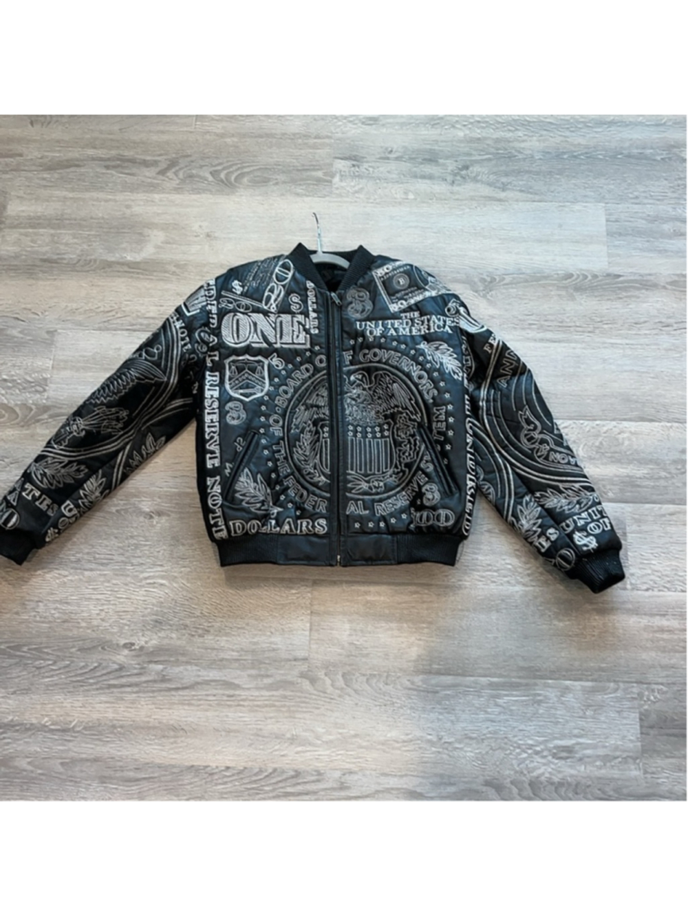 black leather lined bomber jacket embroidered money hiphop street big kids 2XL - Picture 16 of 16